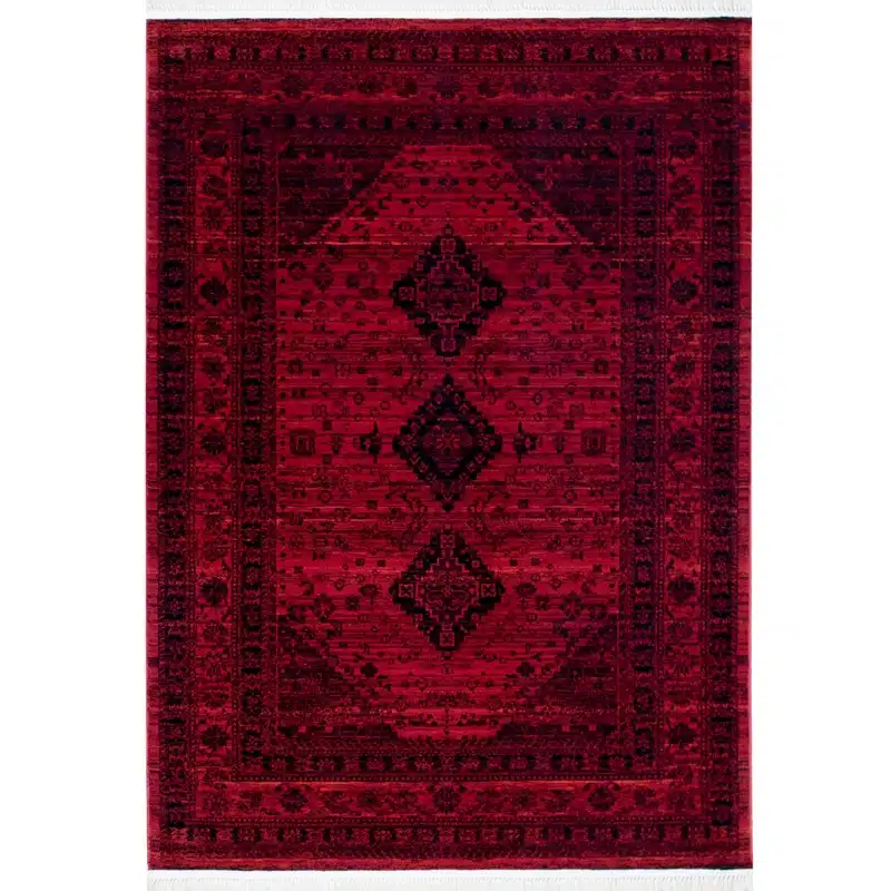 فرش ماشینی رادین طرح پتینه بلوچ 5 رنگ زمینه اناری